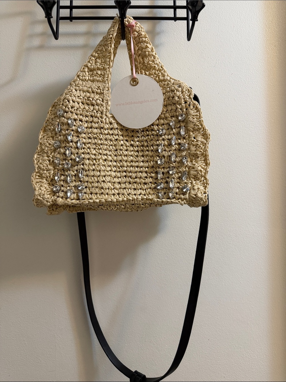 Beige Crochet Crossbody Bag with Crystal Accents